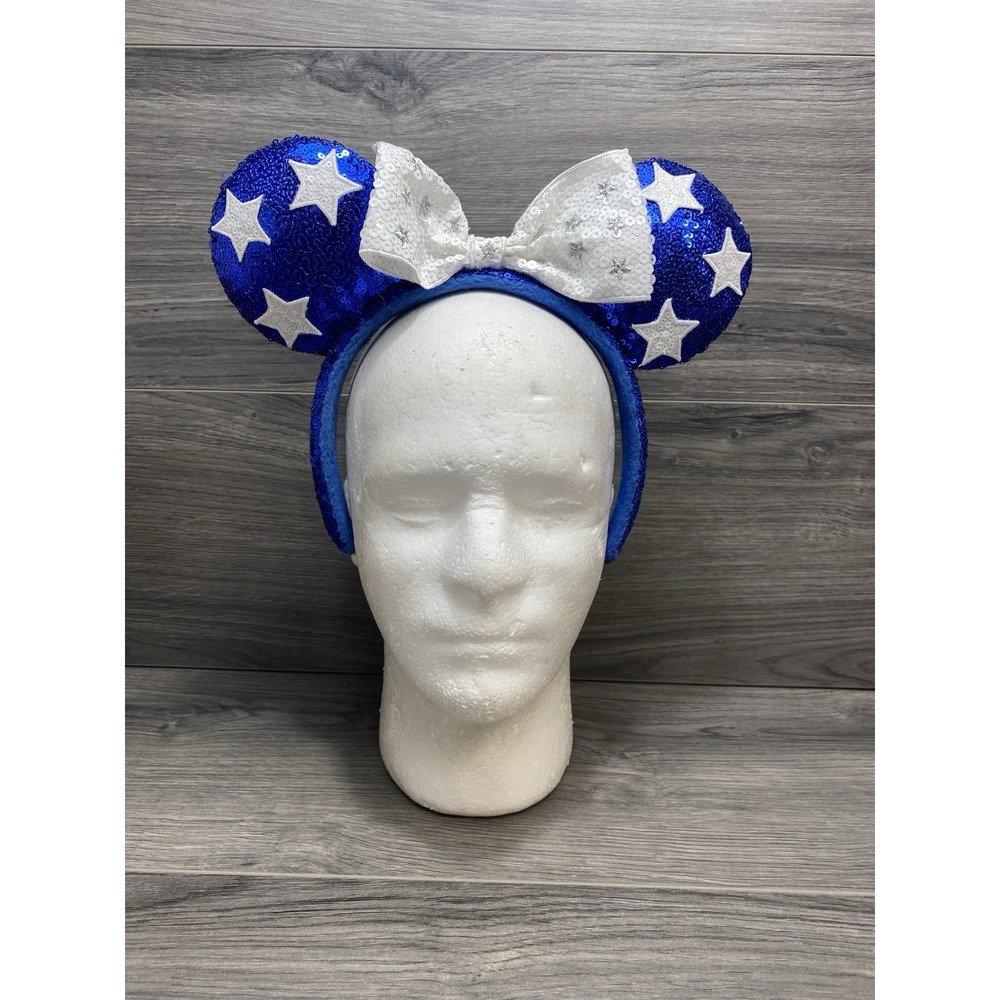 Disney Parks Blue Patriotic Glitz Minnie Mouse Ear Headband with Bow & Stars